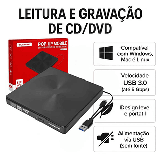 Leitor E Gravador De Dvd Externo Usb 3.0 + Tipo C Pug N Play Preto - rhos