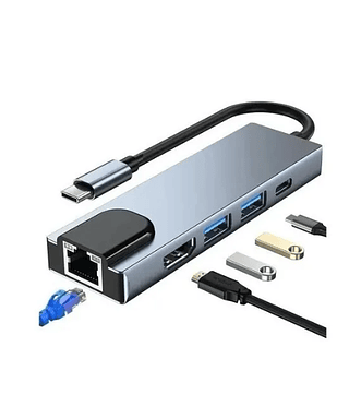 Adaptador Hub Tipo-c 5 In 1 Hdmi, 2x Usb, Lan E Type-c
