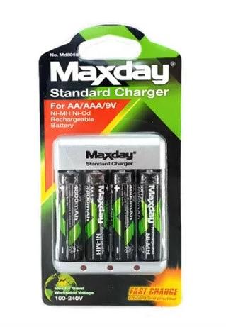 Kit Carregador + 4 Pilhas Aa 4800mah Maxday Recarregável