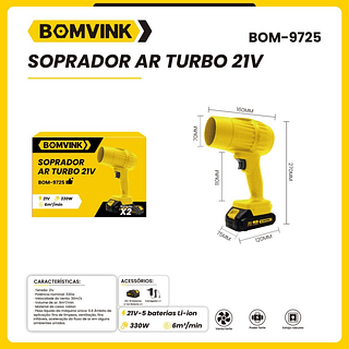 Soprador De Ar Turbo Profissional Recarregável 21V 330W Com 2 Baterias